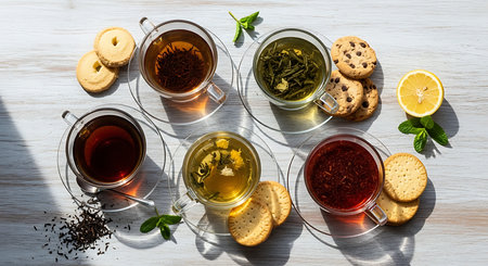 Various kinds of tea in glass cups on wooden table, top viewの素材