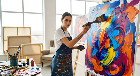 Young female artist painting on canvas in her studio. She is wearing apron and apron.の素材