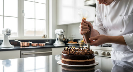 Cropped image of female chef decorating chocolate cake in kitchen at homeの素材