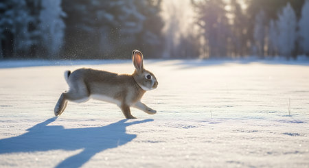 Rabbit running on snow in winter forest. Animal in nature.の素材