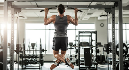 Muscular man doing pull-ups on the bar in the gymの素材