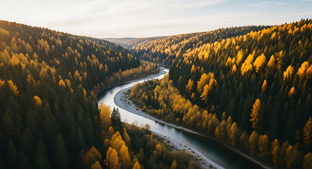 Aerial view of the river in the autumn forest. Drone photographyの素材
