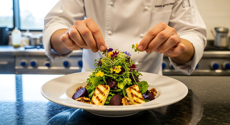 Chef decorating salad in restaurant kitchen, Chef decorating salad with fresh vegetablesの素材