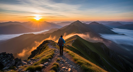 Hiking in the Carpathian mountains at sunset, Ukraine.の素材