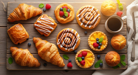Tasty croissants with berries on wooden table, top viewの素材