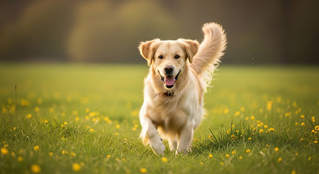 Golden Retriever running on a green meadow in summer.の素材