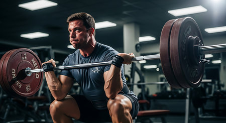 Handsome young Caucasian man working out with a barbell in a gymの素材
