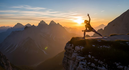 Woman practicing yoga in the mountains at sunset. Concept of healthy lifestyleの素材