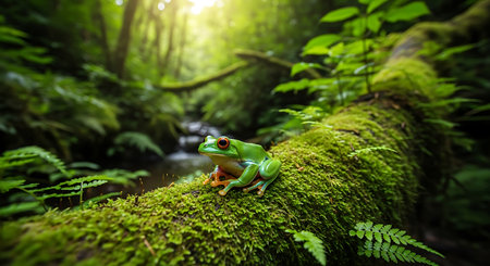 Green tree frog sitting on a mossy branch in the rainforestの素材