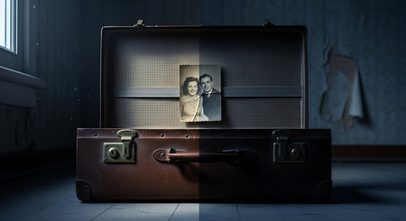 Suitcase in dark room with old photos on the wall.の素材