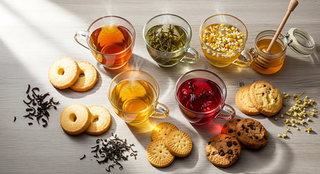 Cup of tea with cookies and honey on wooden table, top viewの素材