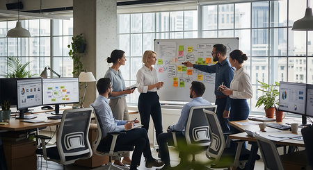 Group of young business people in smart casual wear working together in modern office.の素材