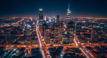 Aerial view of Chicago downtown at night, Illinois, USA.の素材