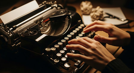 Close-up of a young woman typing on an old typewriterの素材