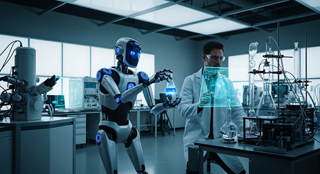 Scientist and robot working in the laboratory. 3d rendering.の素材