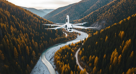 Aerial view of a small airplane flying over a mountain river.の素材