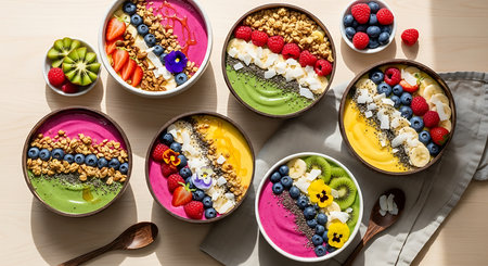 Healthy breakfast bowls with chia seed pudding, granola, yogurt and berries.の素材