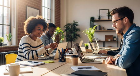 Smiling business people working together in modern office. African american woman and caucasian man sitting at the table.の素材