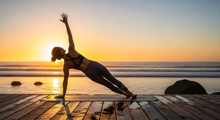 Silhouette of young woman practicing yoga on the beach at sunriseの素材