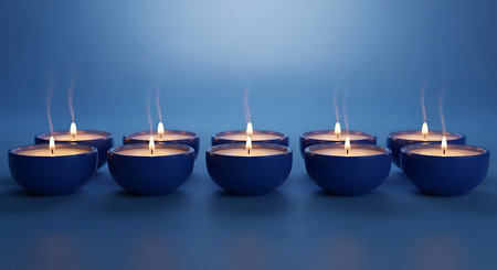 3D render of a group of burning candles on a blue backgroundの素材