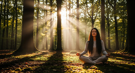 Young woman meditating in the forest at sunrise. Yoga concept.の素材