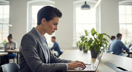Serious young businesswoman working on laptop while sitting at desk in officeの素材