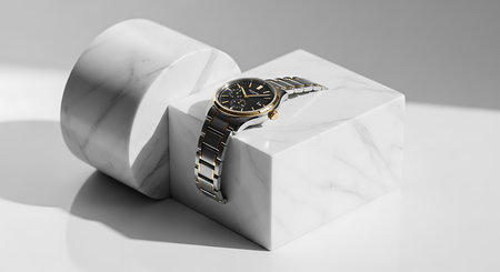 Wristwatch on a white marble box with shadow, 3d renderの素材