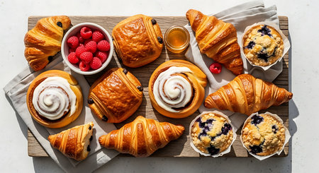 Top view of fresh baked croissants with berries on wooden boardの素材