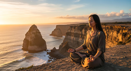 Young asian woman meditating in lotus position on the top of the cliff at sunsetの素材