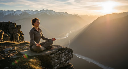 Woman meditating on top of a mountain in the mountains at sunriseの素材