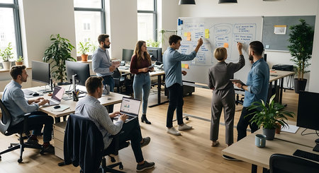 Group of young business people working and communicating together in modern office.の素材
