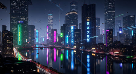 Shanghai skyline at night with neon lights and skyscrapersの素材