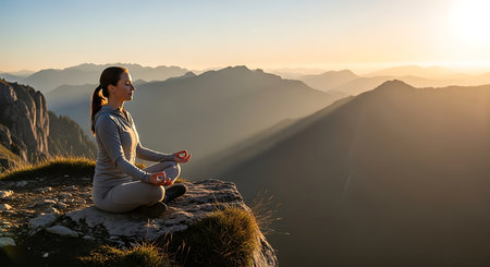 Young woman meditating on top of a mountain and enjoying the sunriseの素材