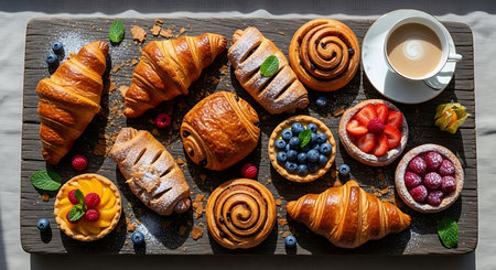 Coffee and pastries on a black background, top viewの素材