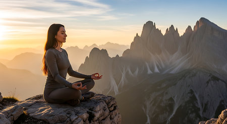 Young woman meditating in yoga lotus position on the top of the mountain during sunriseの素材