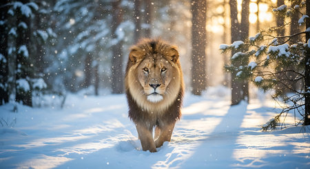 Lion in winter forest. Beautiful male lion in snowy forest.の素材