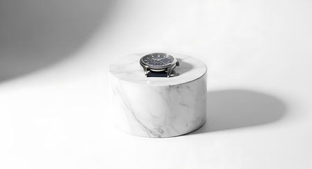 Wristwatch on white marble pedestal with shadow on white backgroundの素材