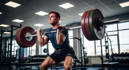 Muscular man lifting a barbell in the gym. Crossfitの素材