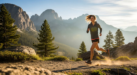 Athletic young woman running in the Dolomites.の素材