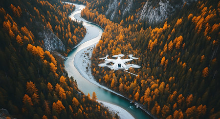 Drone flying over the mountain river. Aerial view of drone flying over mountain riverの素材