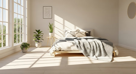 Bedroom interior with white walls, wooden floor and big window. 3d renderの素材