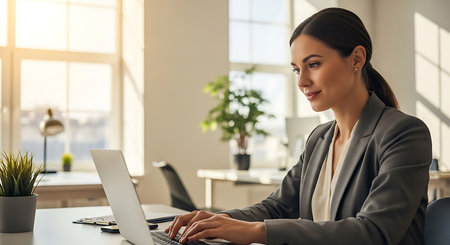 Attractive young businesswoman working on laptop in office, copy spaceの素材