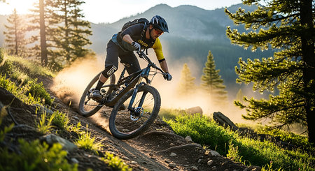 Cyclist Riding the Mountain Bike on the Trail in the Rocky Mountains. Extreme Sport Concept.の素材