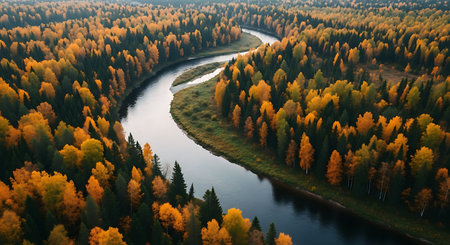 Aerial view of the autumn forest and river. Beautiful autumn landscape.の素材