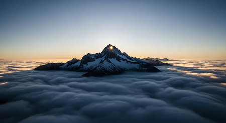 Mountain peak in the clouds at dawn. Panoramic view.の素材