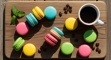 Colorful macaroons and cup of coffee on wooden table, top viewの素材