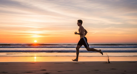 Young man running on the beach at sunrise. Healthy lifestyle concept.の素材
