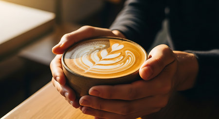 A cup of coffee latte art on wooden table in coffee shopの素材