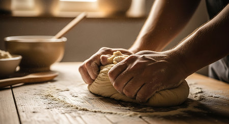 Male hands kneading dough on a wooden table in the kitchenの素材