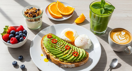 Healthy breakfast with avocado toast, egg, berries, smoothie and coffeeの素材